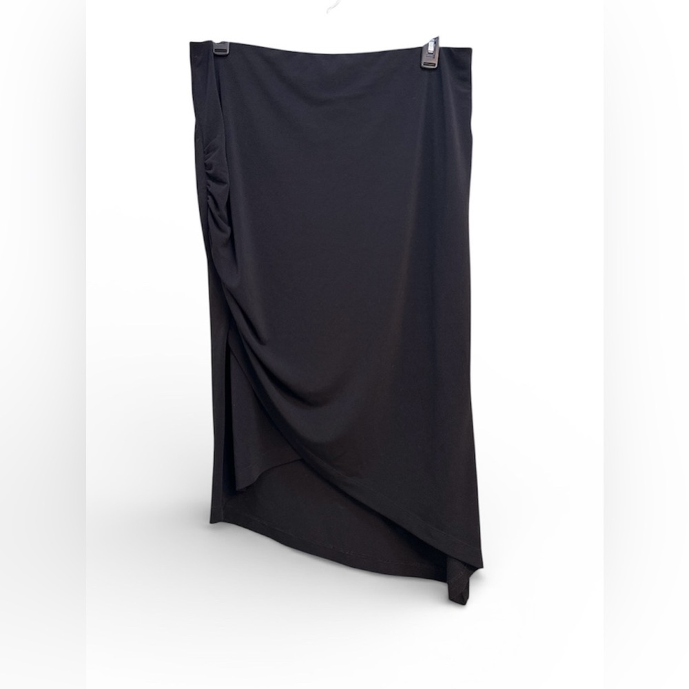 Bisou Bisou Michele Bohbot Black Ruched Asymmetrical Midi Skirt XL Stretch Boho